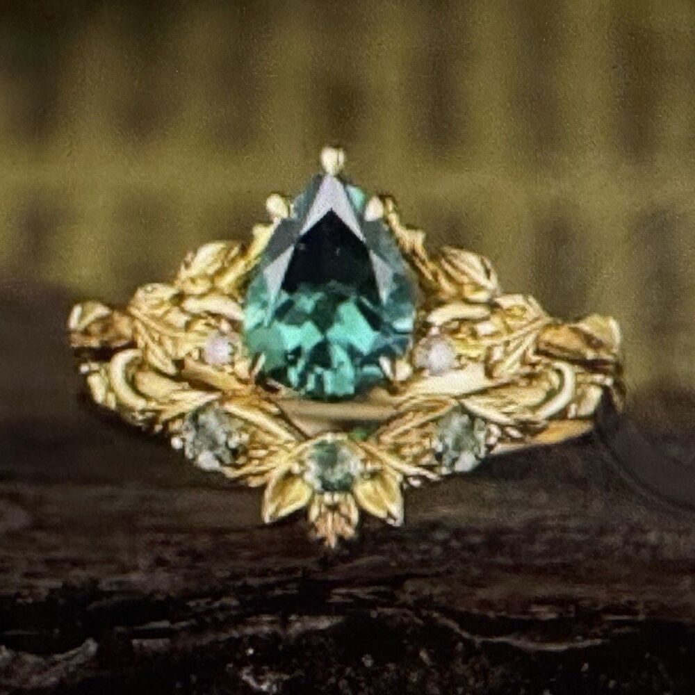 Yellow Gold Plated Ring with Green Pear-Shaped Tourmaline and Leaf Design